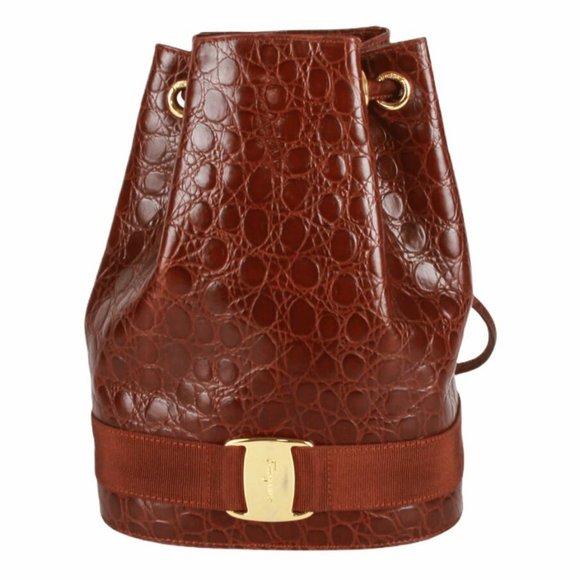 Authentic Salvatore Ferragamo Draw String Bucket Backpack Brown - Picture 1 of 10